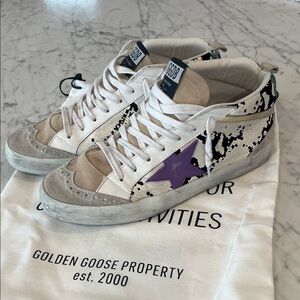 Golden Goose Midstar White Sneakers with Beige Suede Trim and Black Insole Logo